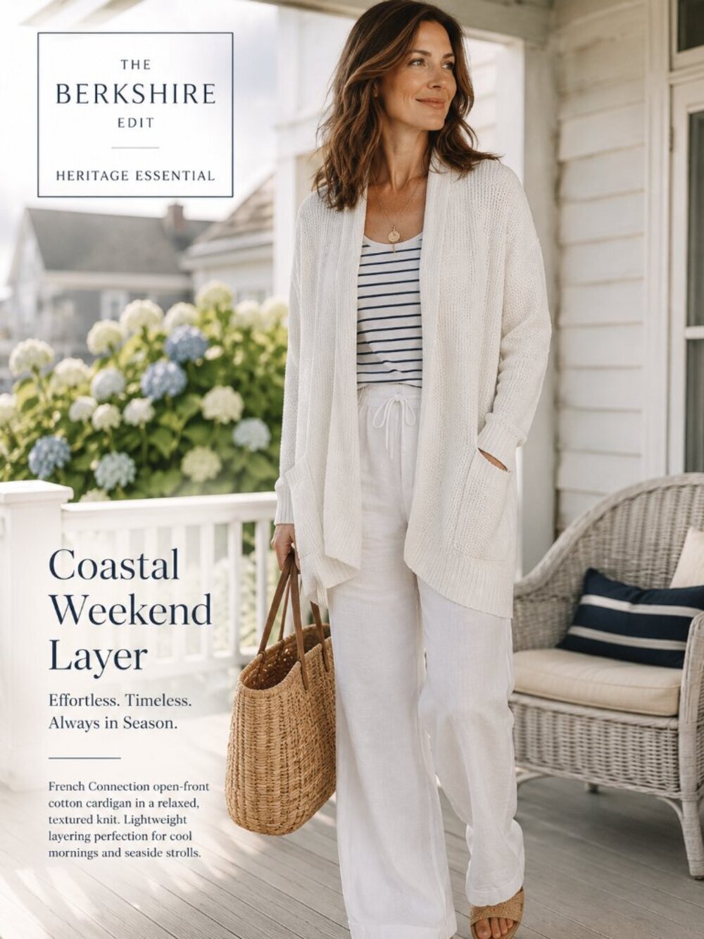 French Connection White Open Front Cotton Cardigan Sweater L Coastal Preppy